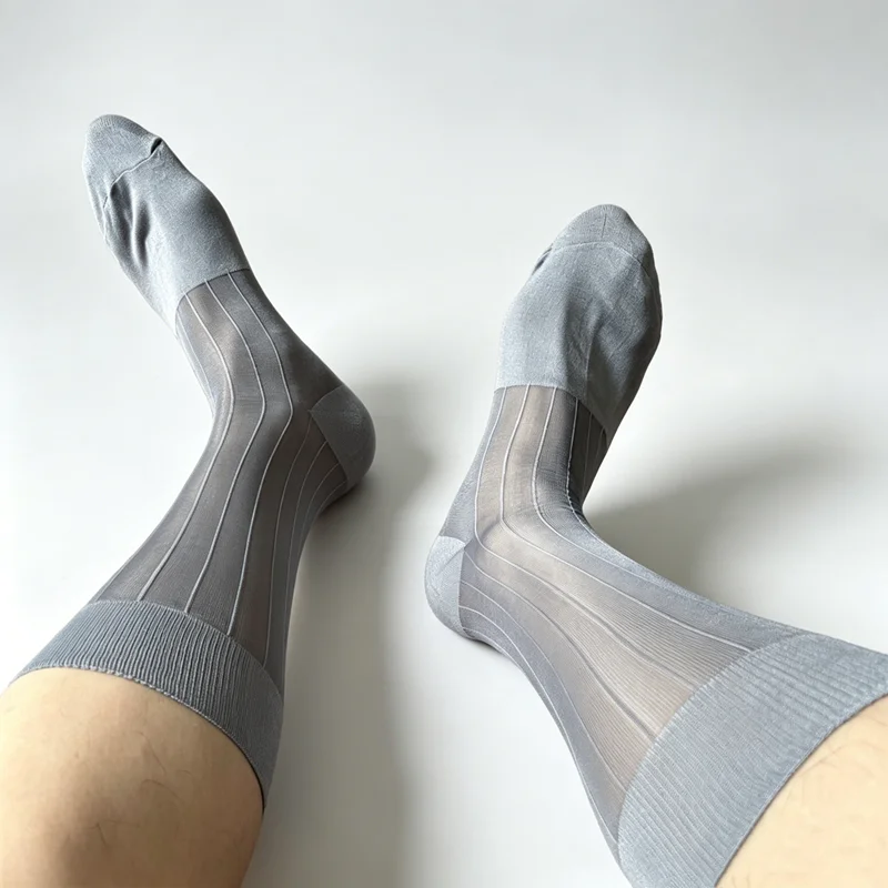 Mens TNT Mid Calf Socks Men Solid Colors Business Socks Man Breathable Wide Stripe Sheer Nylon Large Size Gentlemen Dress Socks view 5