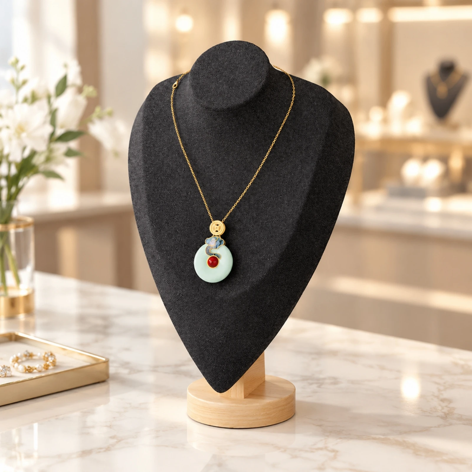 Necklace Display Bust with Wood Base Classic Design Necklace Display Bust Elegant One-Tier for Boutique Owners, Market Stall