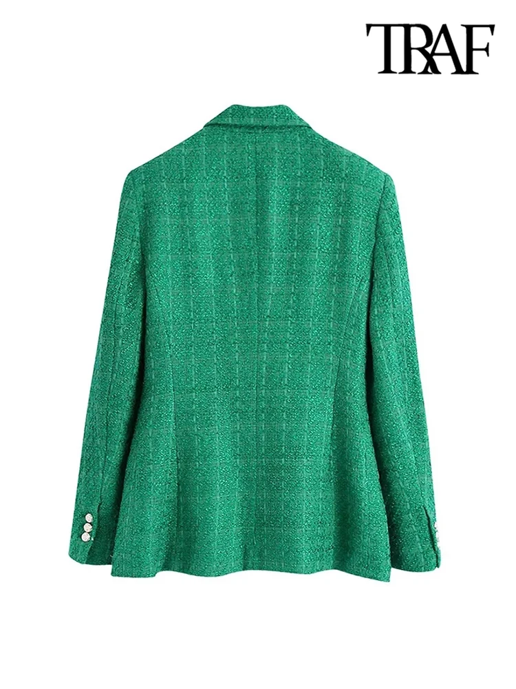 TRAF Women Fashion Double Breasted Tweed Green Blazer Coat Vintage Long Sleeve Flap Pockets Female Outerwear Chic Veste