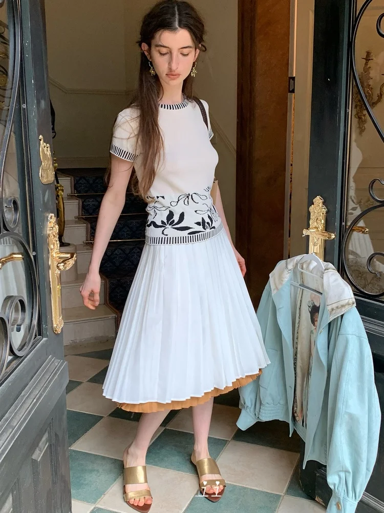 

Spoii Orange And White Splice Color Blo Design Simple Aosphere A-Line Umbrella Skirt Women's Casual Sle Midi Skirt