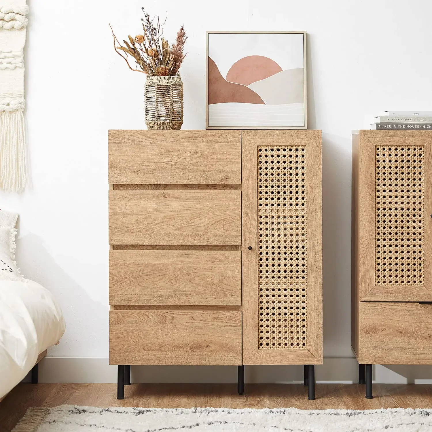 

--Rattan and Modern Storage Cabinet with Doors for Living Room Rattan Door Mid Century Cupboard Console Table Rattan Furniture