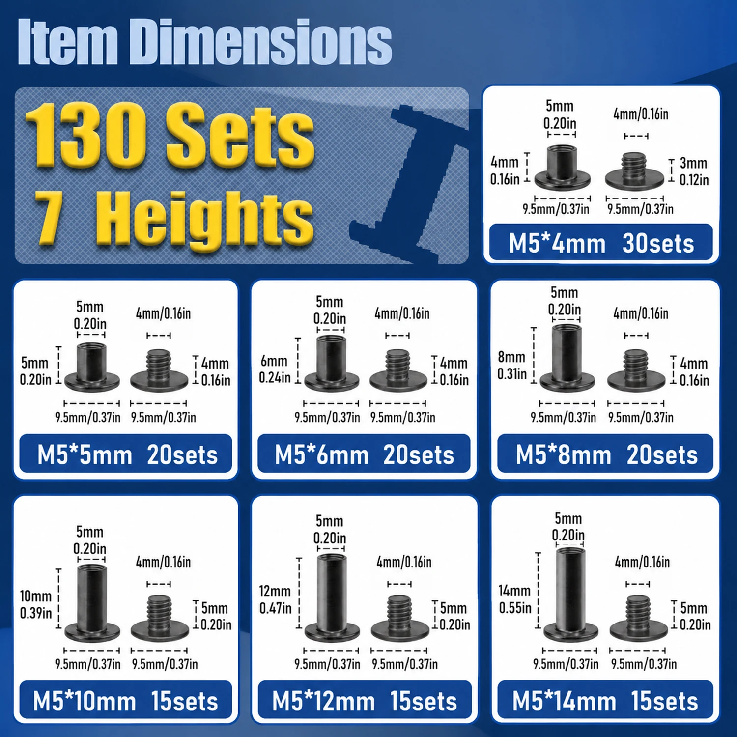 GOSUNDA 130 Sets of Chicago Screw Leather Rivet Kits, 7 Sizes, for Belts, Bookmarks, DIY Leather 7 Colors Screws, Tornillo Chica