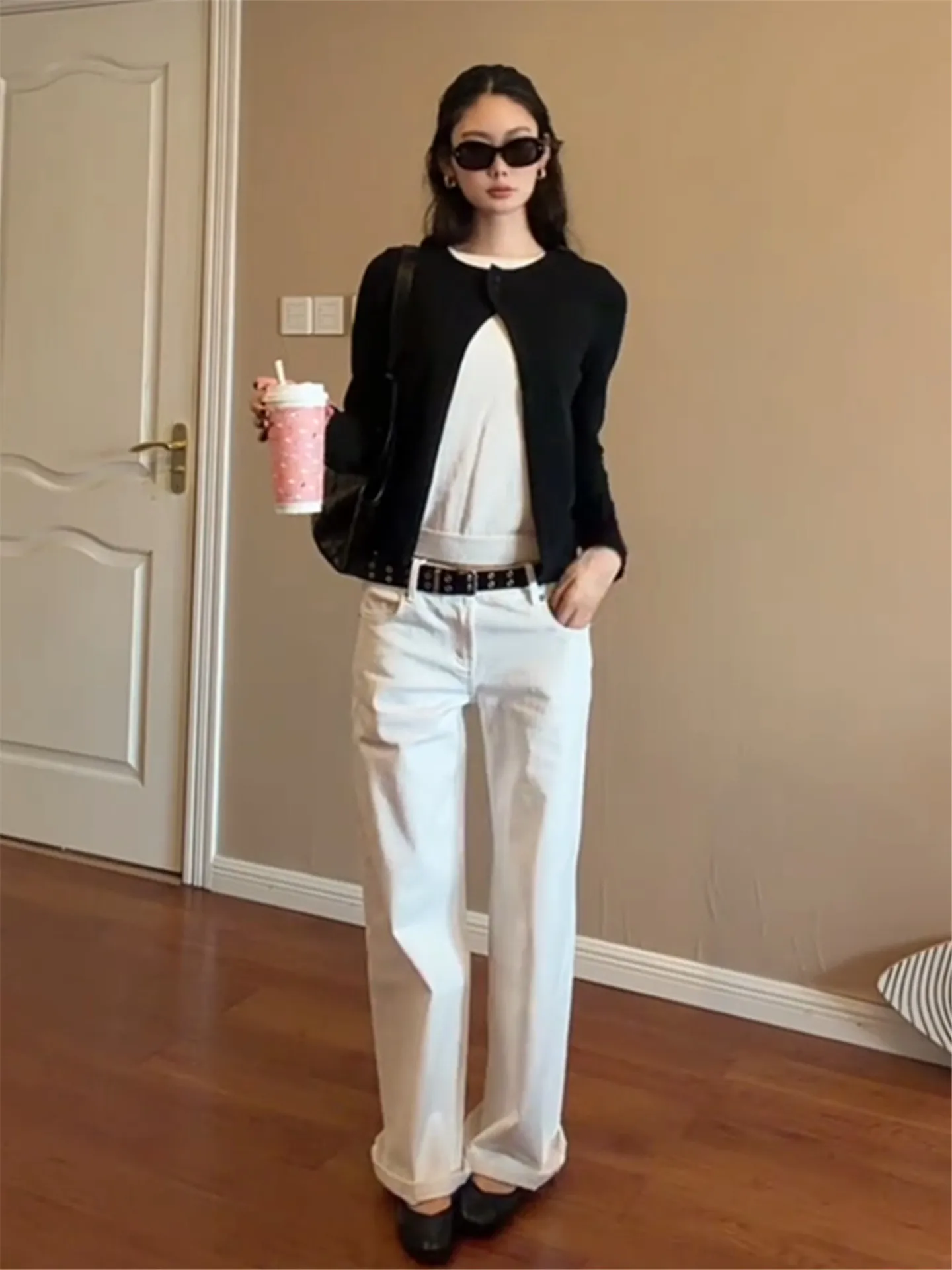 

American Vibe Low Waist Wide Leg Narrow Version White Denim Jeans Women's Loose Drapey Versatile Straight Casual Pants