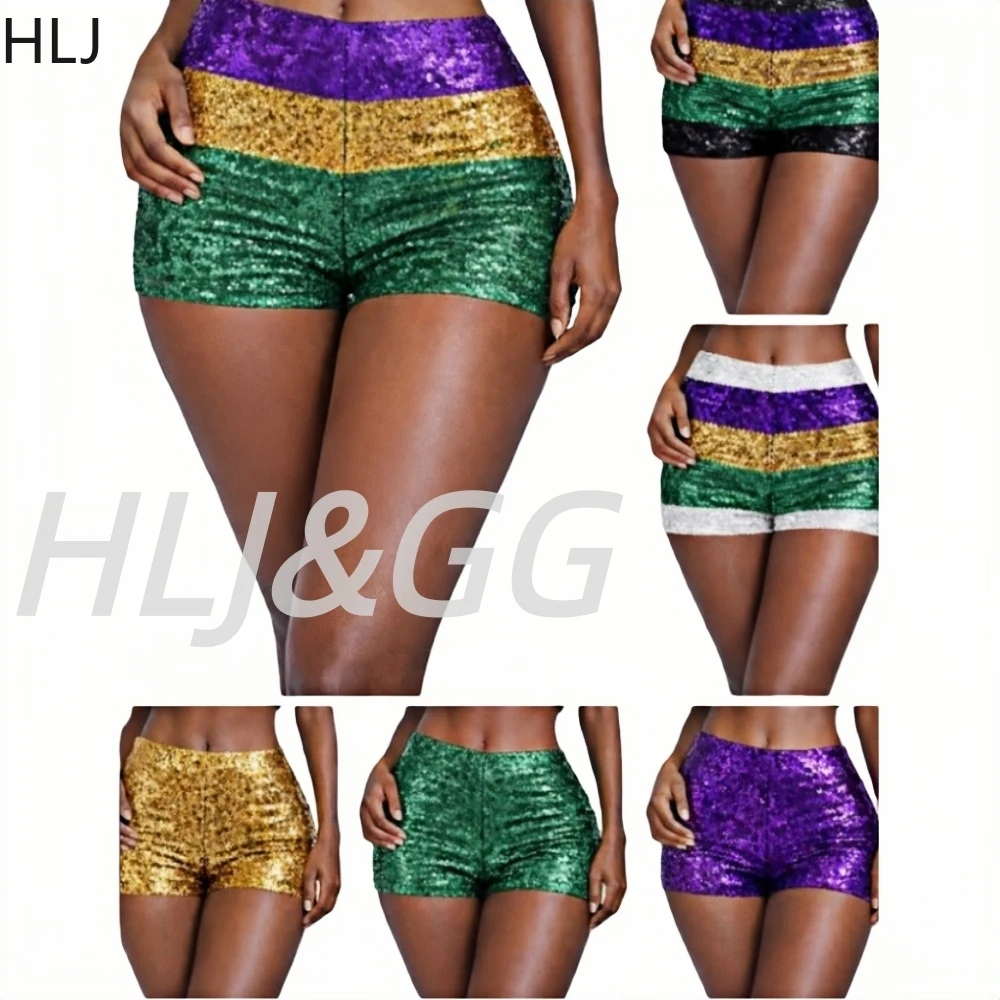 กางเกงขาสั้นลายทางปักเลื่อมเซ็กซี่ HLJ สีม่วงทองระยิบระยับ เอวต่ำ ทรงสกินนี่ แฟชั่นสาวฮอต สตรีทแวร์