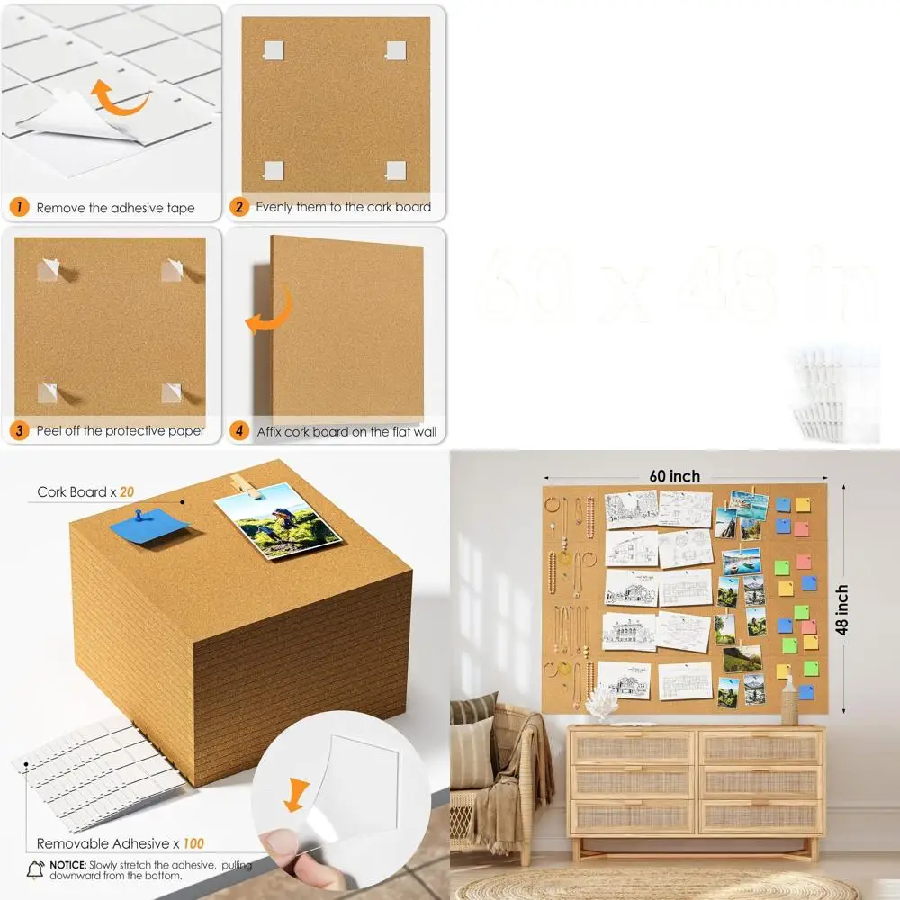 

20-Piece Cork Board Set, 12x12 Inches, with 40 Pushpins and Removable Adhesive for Home, Office, School