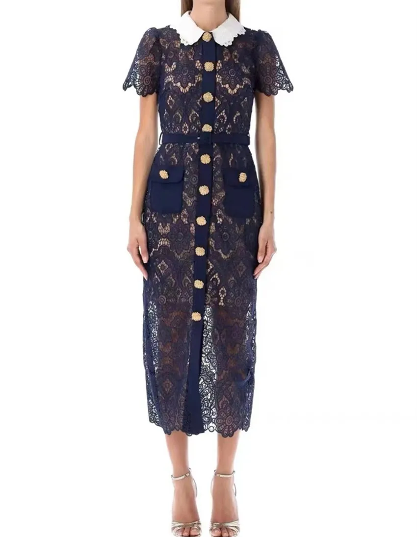 Runway moda lato koronkowy haft Midi sukienka eleganckie kobiety kołnierz piotruś Pan drążą kwiatowy złoty guzik Bodycon Vestidos