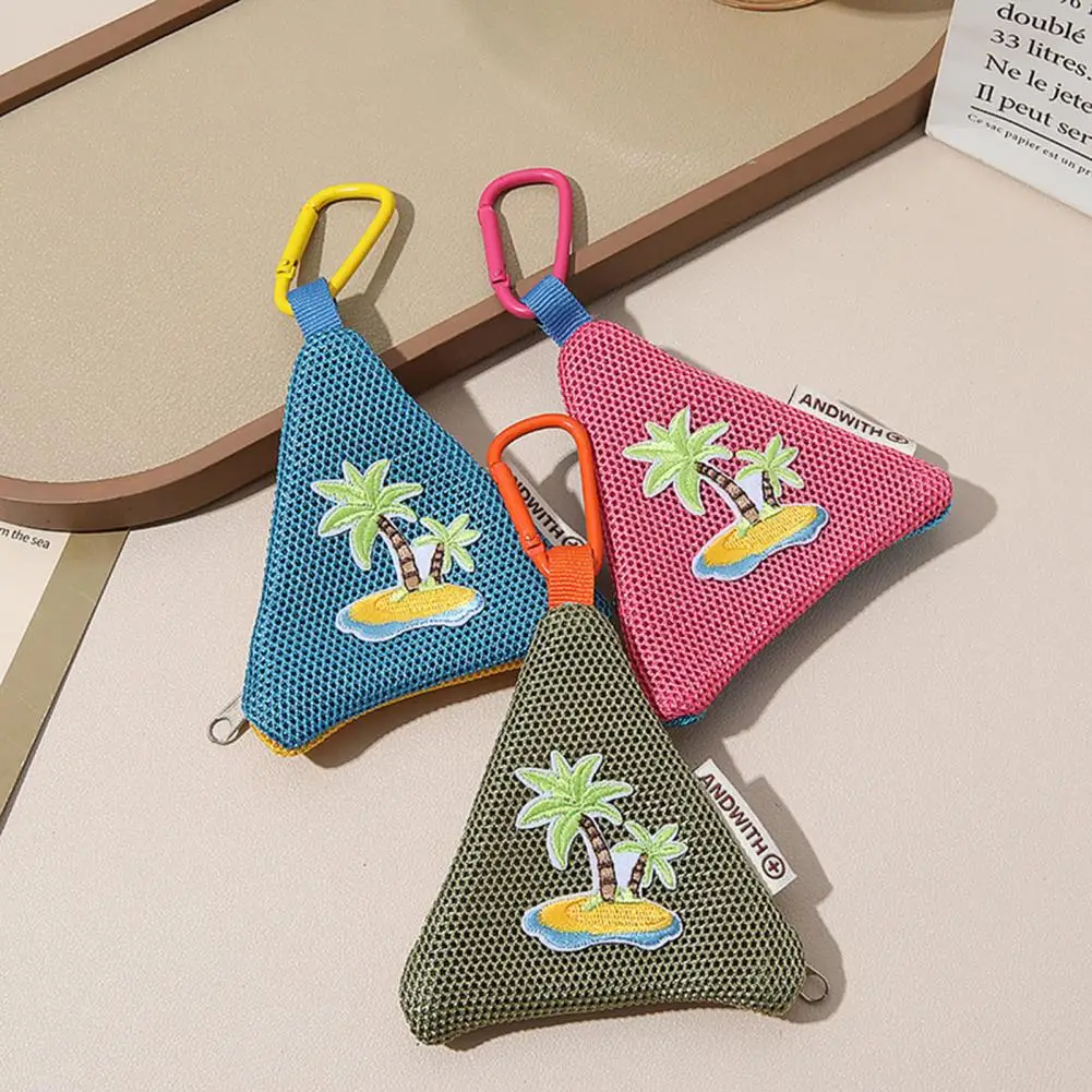 Embroidery Triangular Coin Purse Compact Mesh Pouch with Zipper & Hanging Buckle Mini Storage Pouch for Coins Change Headphones