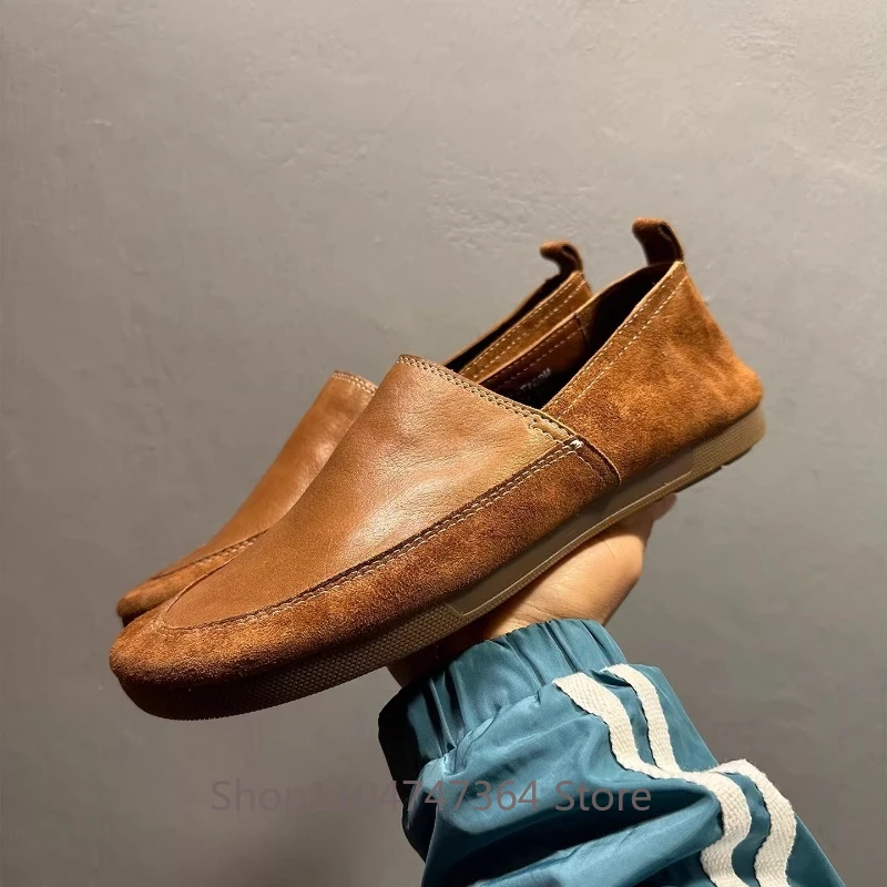 

British Style Soft Soled Loafers Men's Shoes Retro Genuine Leather Slip on Casual Fashion Leather Shoes Male Oxfords Brown