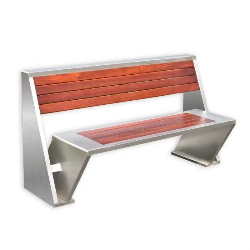 150cm Modern Solid Wood Outdoor Bench Stainless Steel Wrought Iron Anti-Corrosion Leisure Features for Patio Garden Park Entry