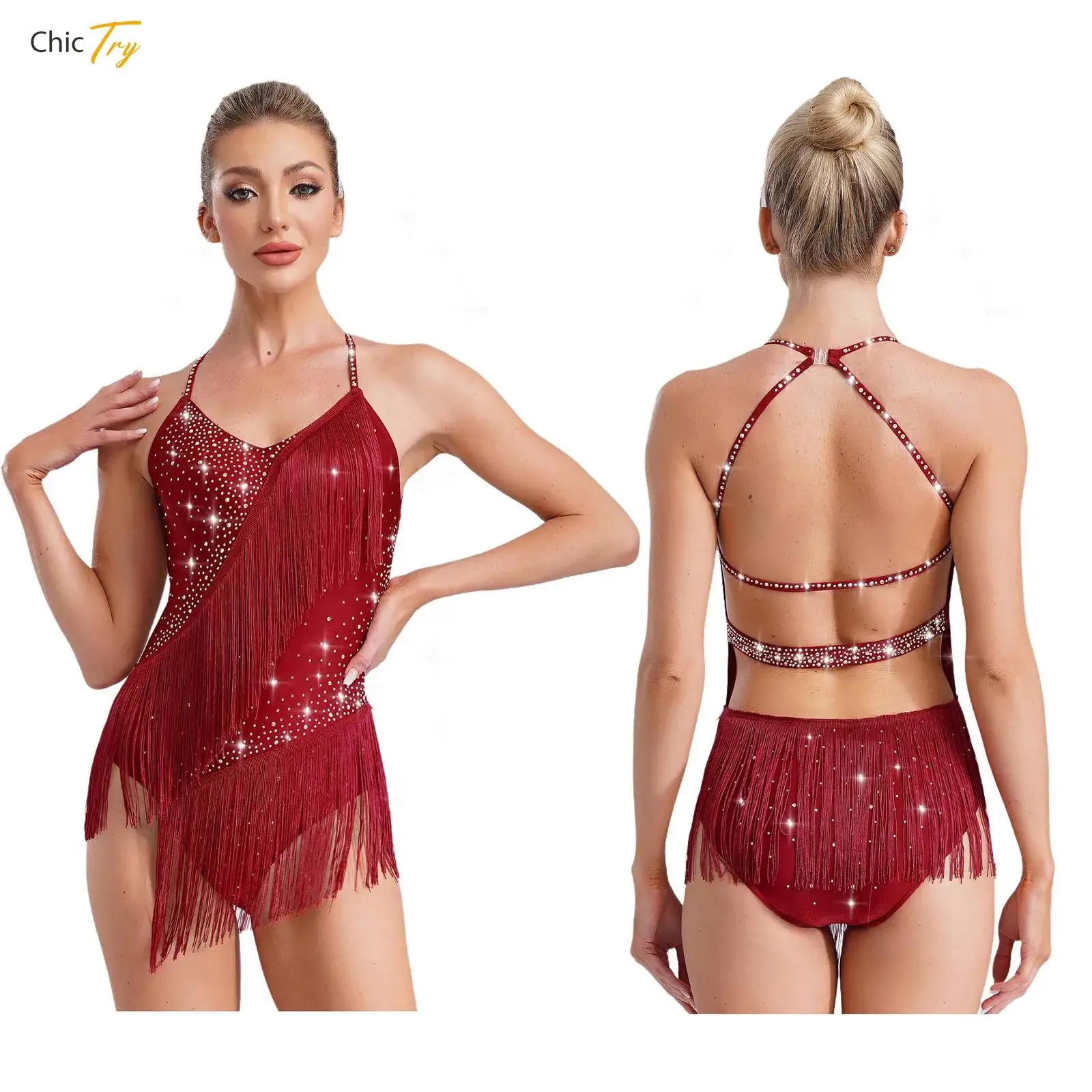 Body da ballo latino con nappe da donna, costume da tango cha cha rumba samba con strass e dettagli nappe