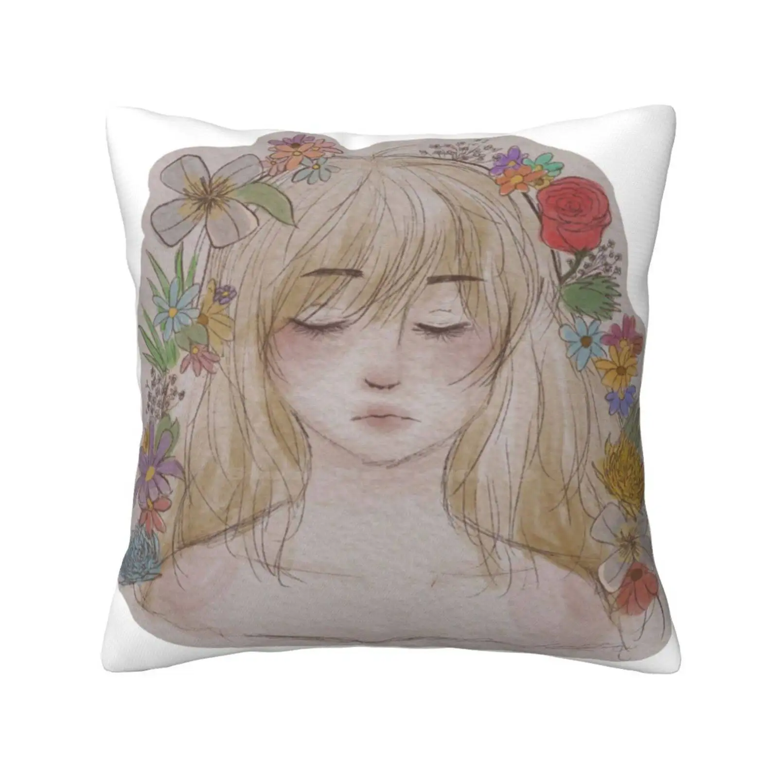 Flowerful Thoughts Fashion Sofa Throw Pillow Cover Pillowcase Watercolor Flowers Girl Beautiful Thoughtful