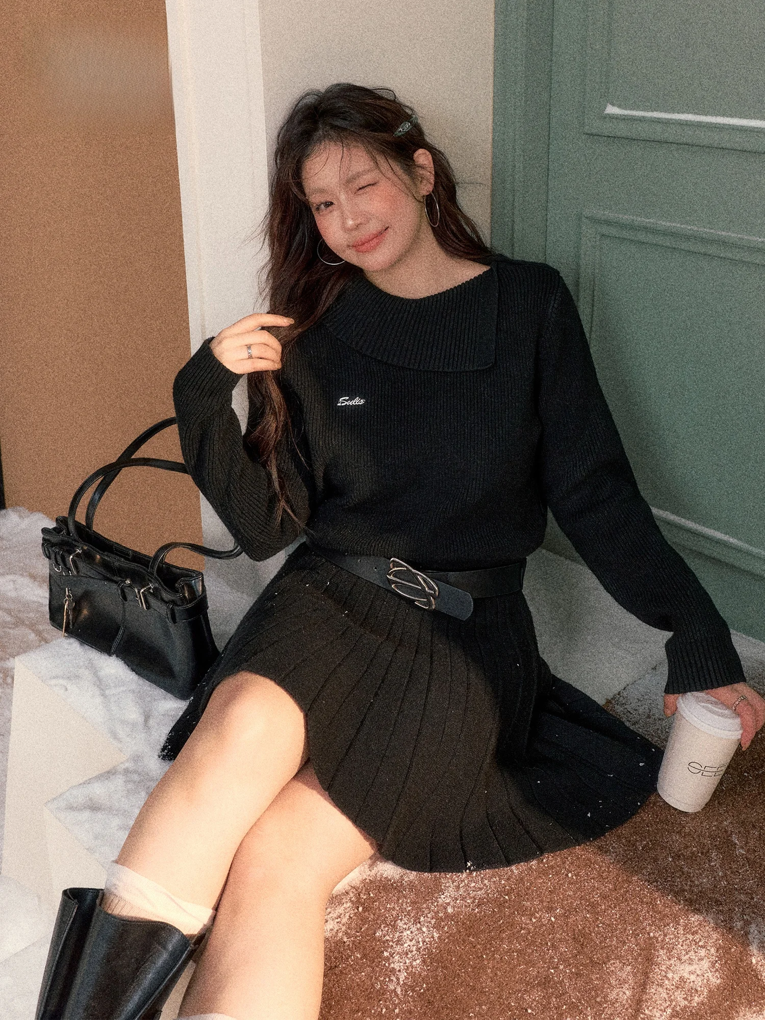 

Slimming Bla Sweater Dr for plus Size Women High Waist Korean Sle Commute Faion Winter Collection Long Sve ort ...