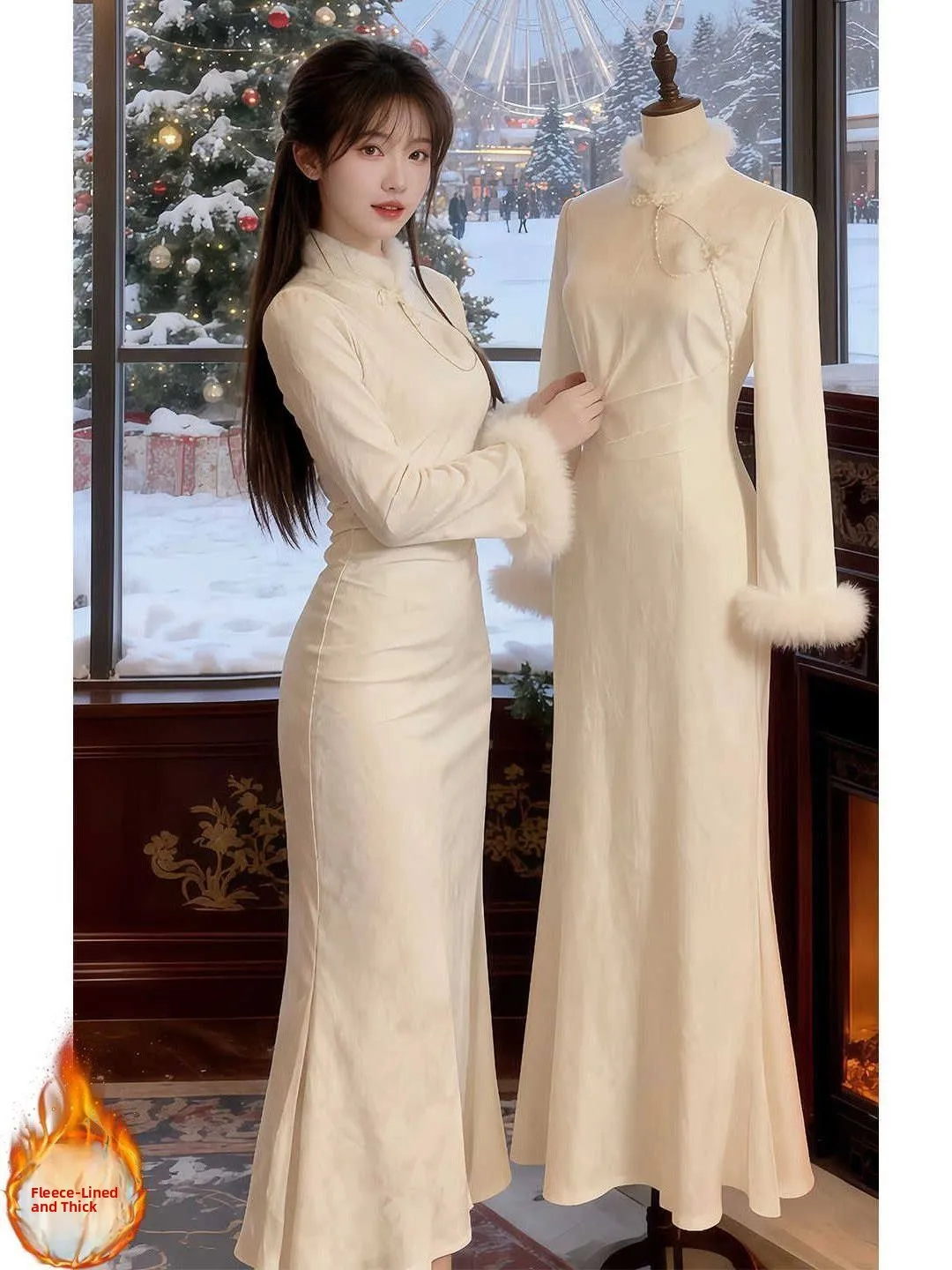 

Elegant Chinese Style Thickened Fleece Lined Long Sleeve Qipao Dress for Important Occasions Winter 2025 Fashion Retro Wind