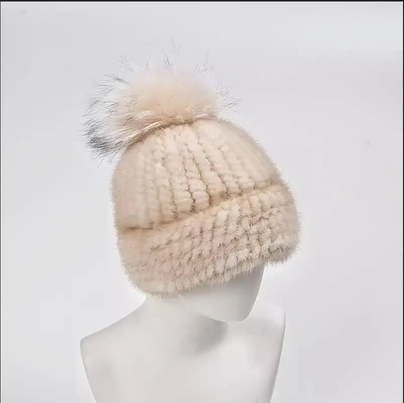 New Women Winter Luxury Knitted Real Mink Fur Hat Natural Warm Fluffy Girls Quality Soft Beanies