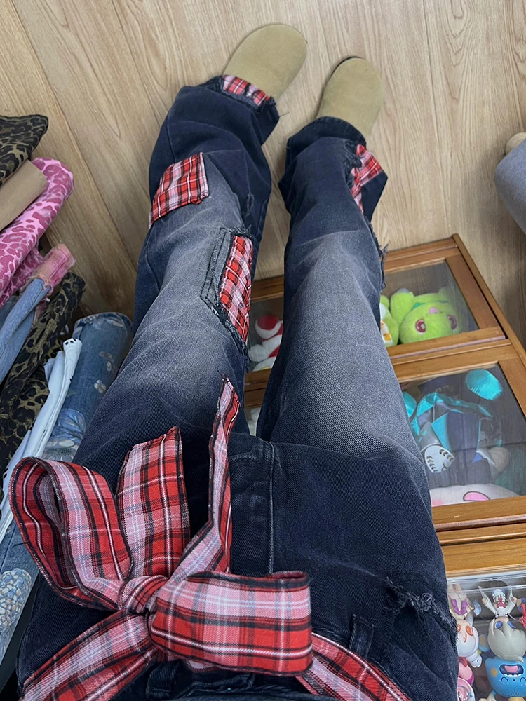 

Американские джинсы с высокой талией и широкими штанинами для женщин, весенний дизайн, свободные, длиной в пол, с бантом, цвет черный