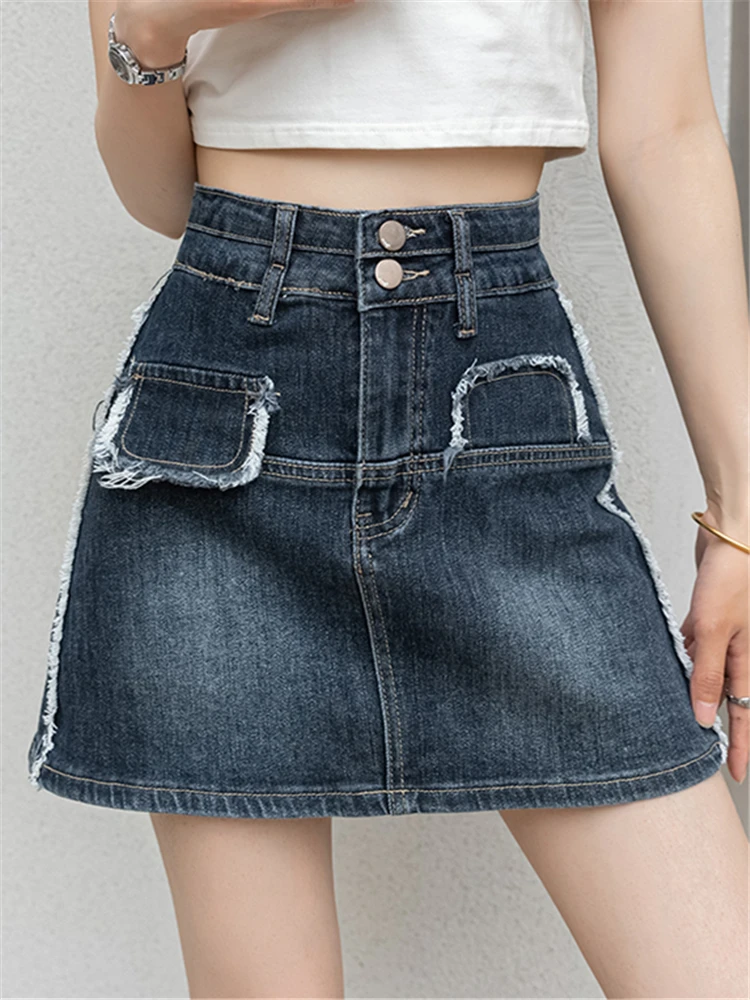 REALEFT Spring Summer Stylish Women's Denim Short Skirts 2023 New High Waist Pockets Sexy Mini Jeans A-Line Skirts Female