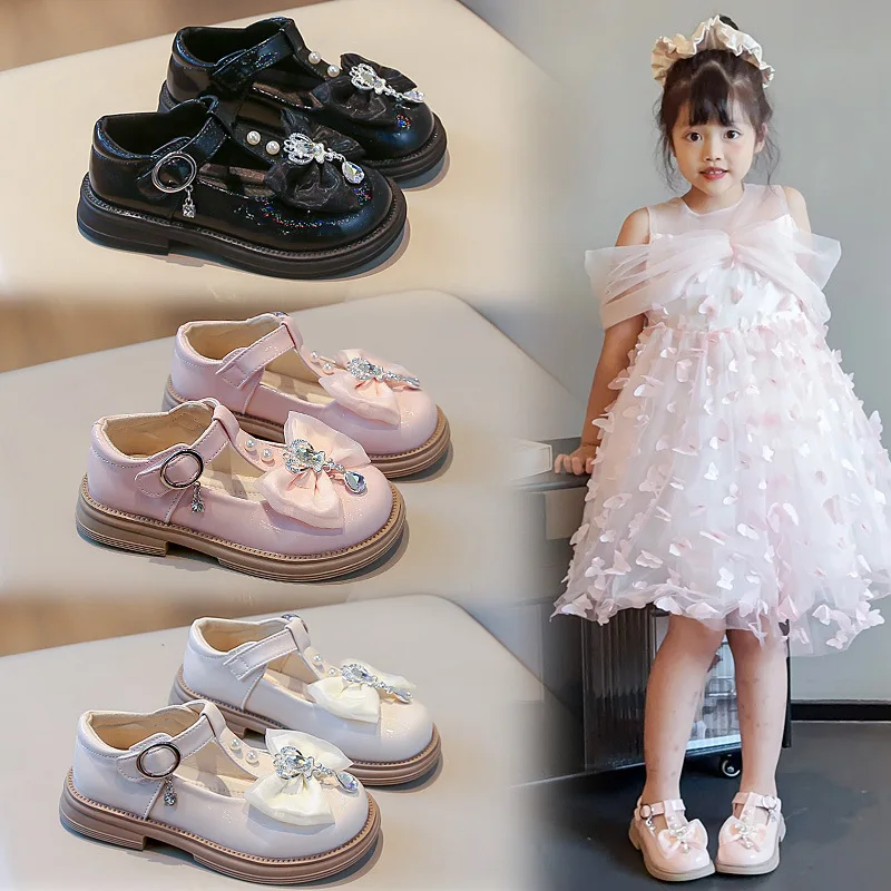 

Cute bow Leather Girls Shoes 2026 New T-strap Spring Kids Soft Shoes For Girl School Children Princess Dress Shoes
