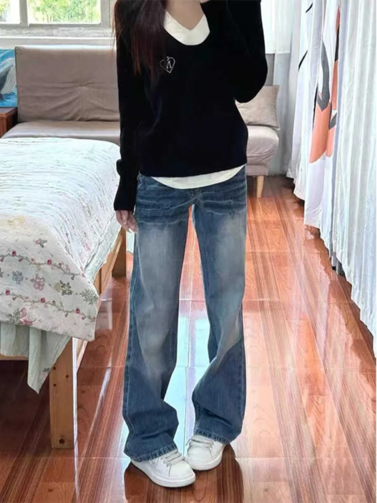 

High Waist Bell Bottom Denim Jeans Women's American Style Straight Leg Floor Length Pants plus Size Vintage Wear Resistant