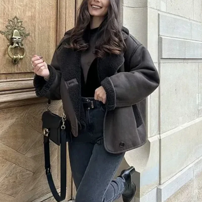 

Autumn Winter New Fashion Turn-down Collar Long Sleeve Solid Lamb wool Trench Women's Clothing Korean Warm All-match Chic Tops