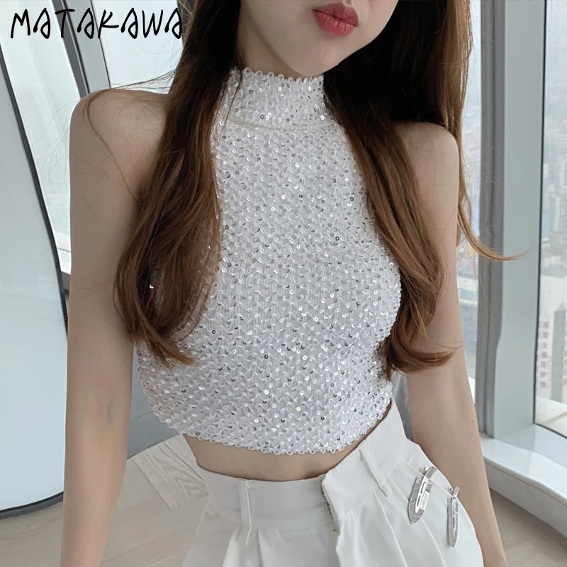 Matakawa Top Women Summer Sweet Fashion Sweet Sequins Short Hollow Out Lumbar Y2k Camis Off Shoulder Fashion Sexy Slim Tops