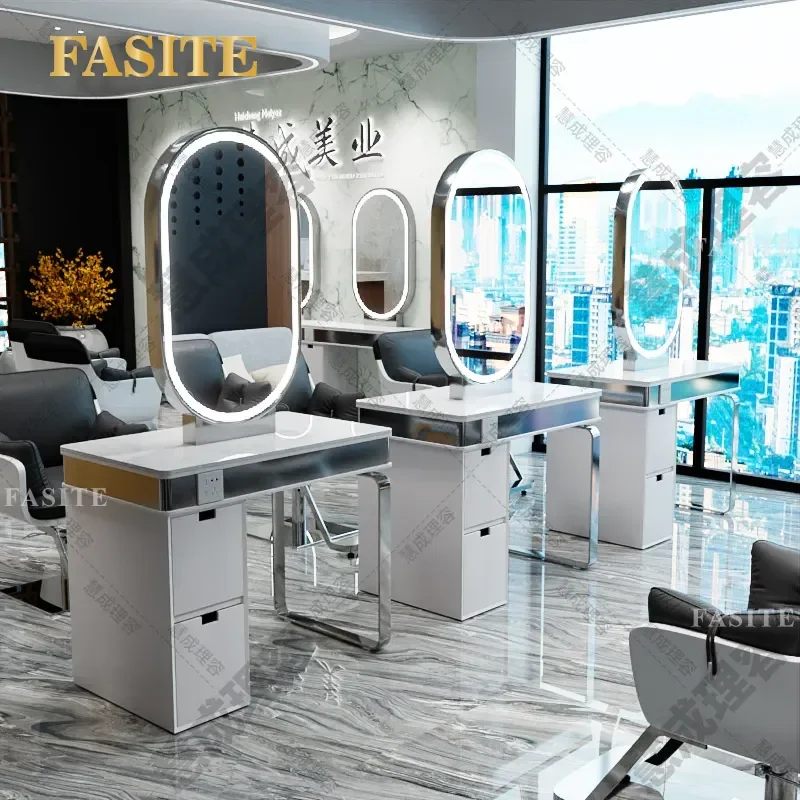 For Hair Double Sided Barber Mirror Table Floor to Ceiling Wall Mounted with LED Light High End Hair Cutting Station
