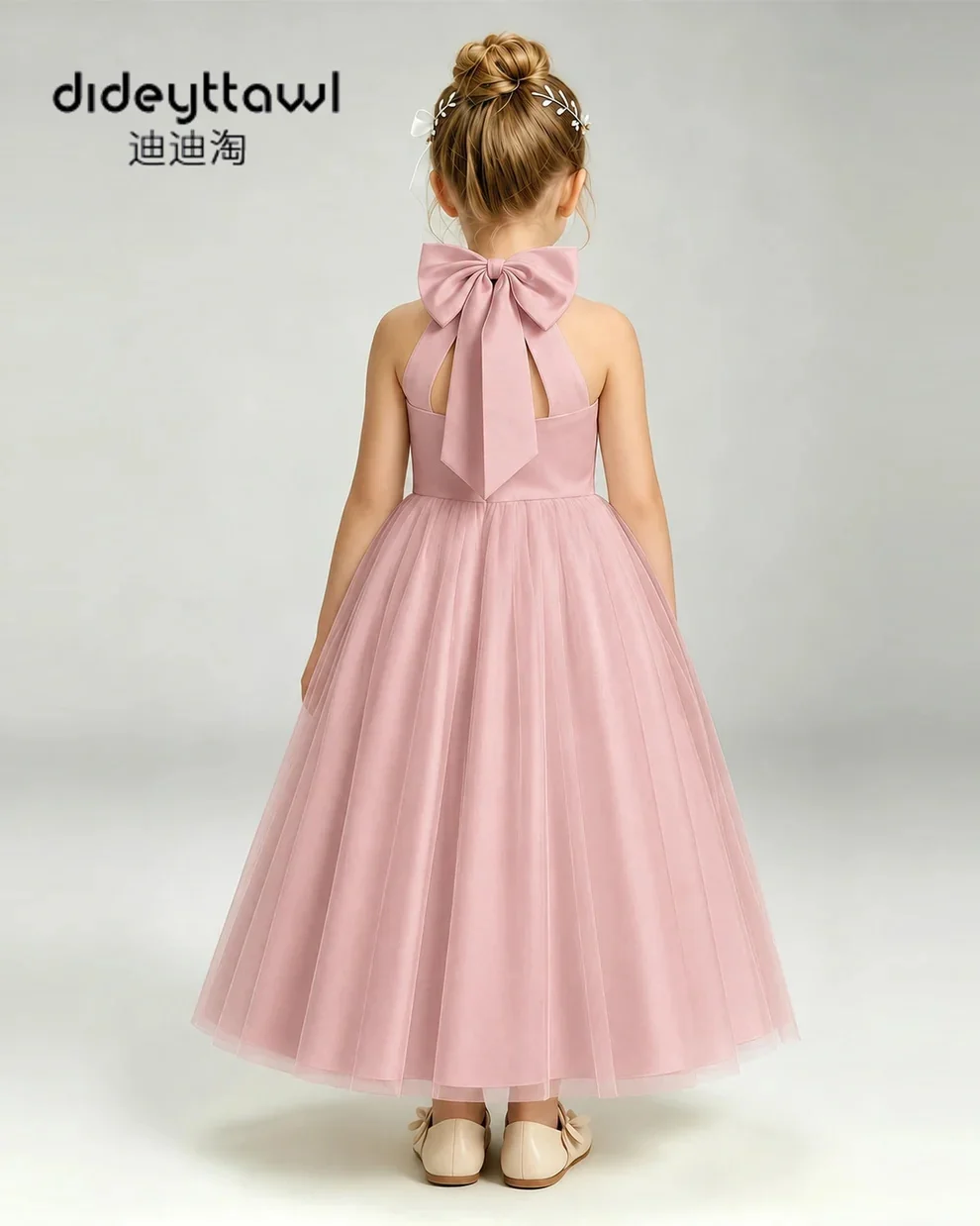 Dideyttawl Halter Neck Tulle Long Train Flower Girl Dress Multi Color Available Formal Pageant Gown Big Bow Back Tiered Dress