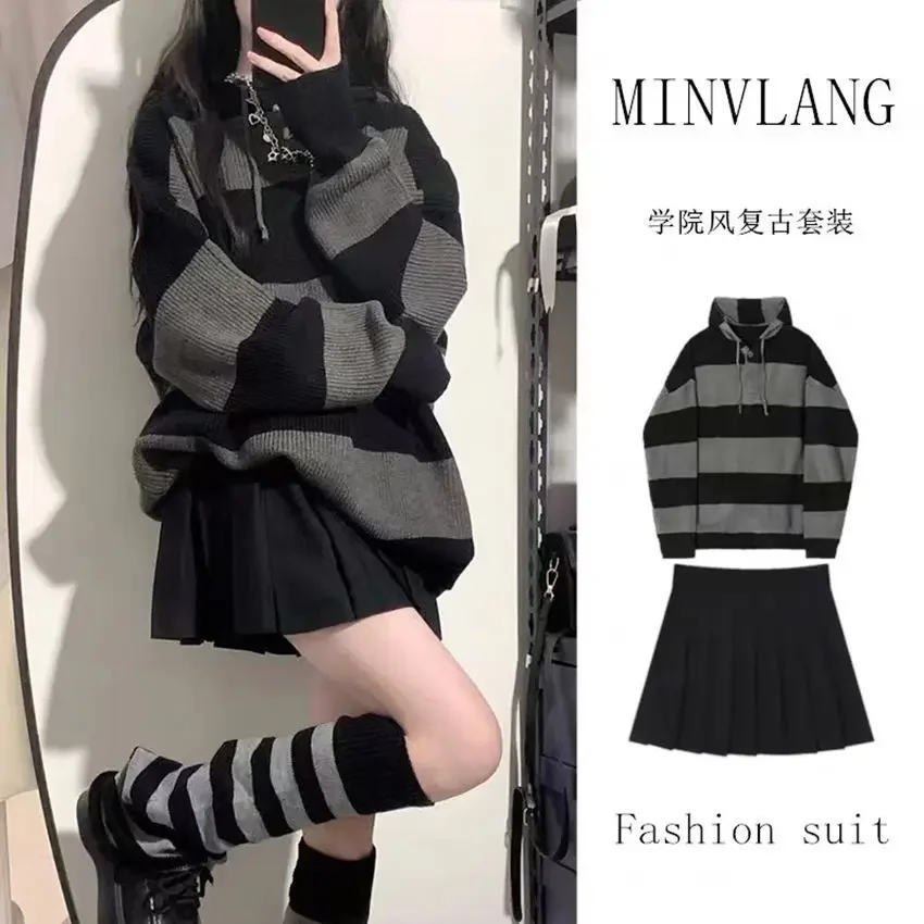 

Vintage Striped Hooded Sweaters Women Harajuku Gothic Knitted Jumper Retro Loose Casual Oversized Pullover Tops Grunge