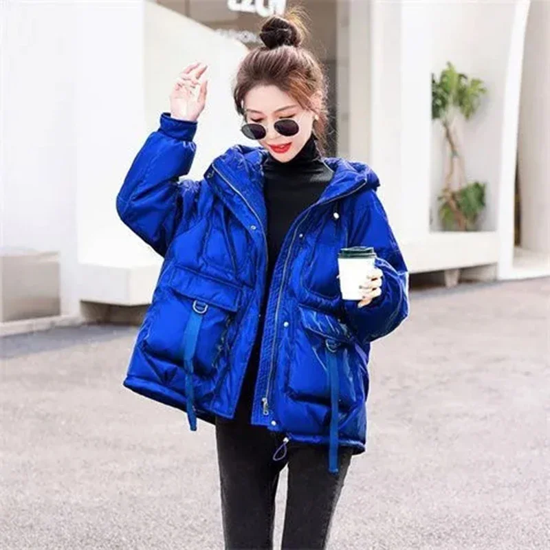 Winter New glossy Down Cotton Jacket Thick Warm Hooded Puffer Jacket Women Parka Oversized Korean Coat Black Red Green Blue tops