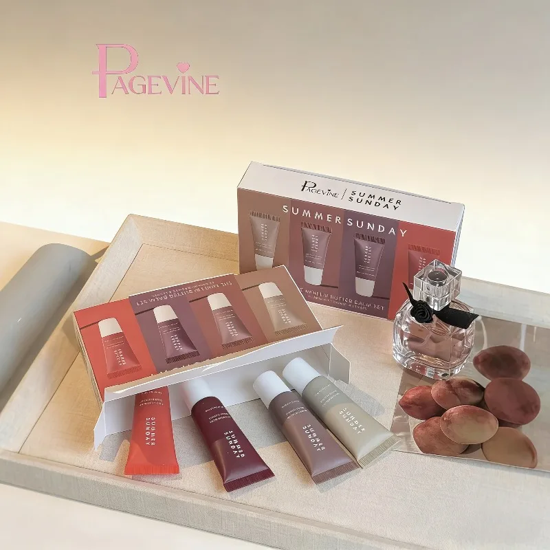 PAGE VINE Set de 4 Mini Bálsamos Labiales Humectantes de Vainilla, Beige y Azúcar Moreno, Cuidado Labial, Tamaño Viaje, Kit de Regalo de Maquillaje