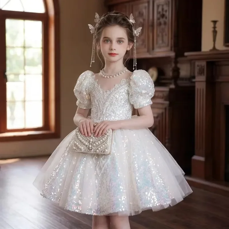 Children White Pearl Girls Evening Dress Host Performance Elegant Gown Kids Formal Costume Wedding Flower Girl Lace Princess