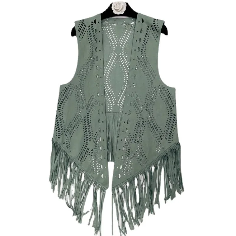 Fashion Casual Women\'s Hollowed Out Flower Fringe Vest Solid Color Loose Cardigan Coat