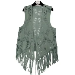 Fashion Casual Women's Hollowed Out Flower Fringe Vest Solid Color Loose Cardigan Coat