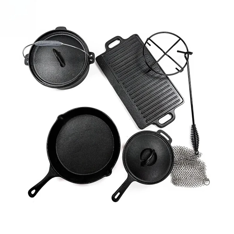 

Kitchen Pots and Pans Sets Cast Iron Pre-seasoned Camping Tools Bbq Non-stick Cookware Set