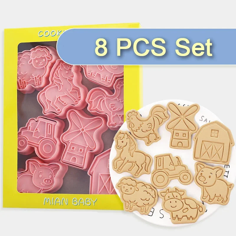 8Pcs Farm Animal Cookie Cutter Set Windmill Cow Pig Horse Chicken Sheep Cookie Molds for Baking&Fondant Decorations Baking Tool