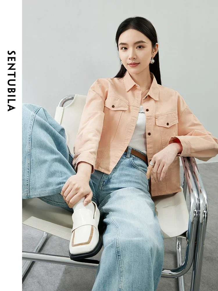 

SENTUBILA джинсовые куртки из чистого хлопка для женщин, весна-осень 2022, модная короткая куртка с длинными рукавами и лацканами, женская верхняя одежда W41W54153