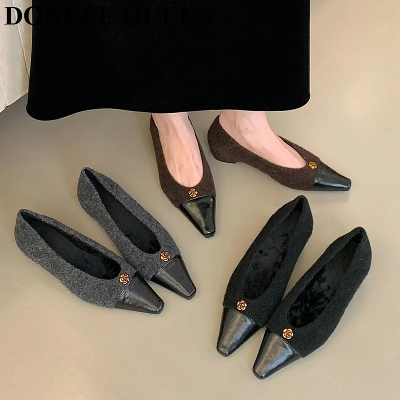 

2026 Spring Korean Style Pointed Toe Flat Heel Shoes Fashion Women Office Dress Shoes Soft Ballerinas Plush Fur Moccasins Mujer