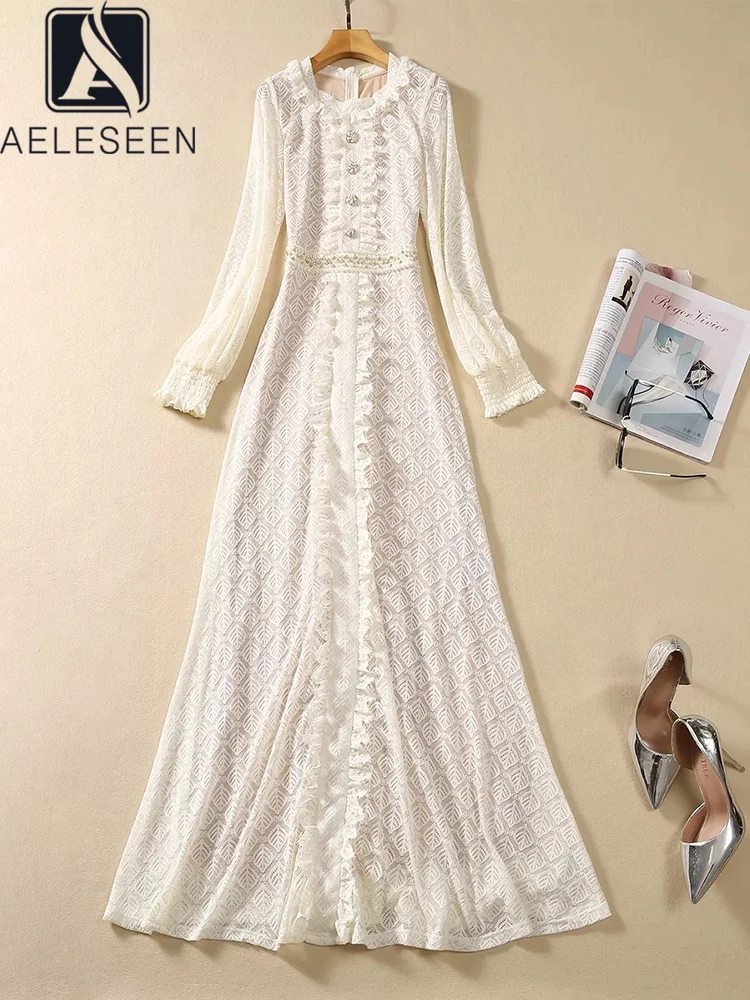 

AELESEEN Runway Fashion Lace Dress Women Autumn New Ruffles Long Sleeve Waist Pearls Beading Embroidery Slim Maxi Party