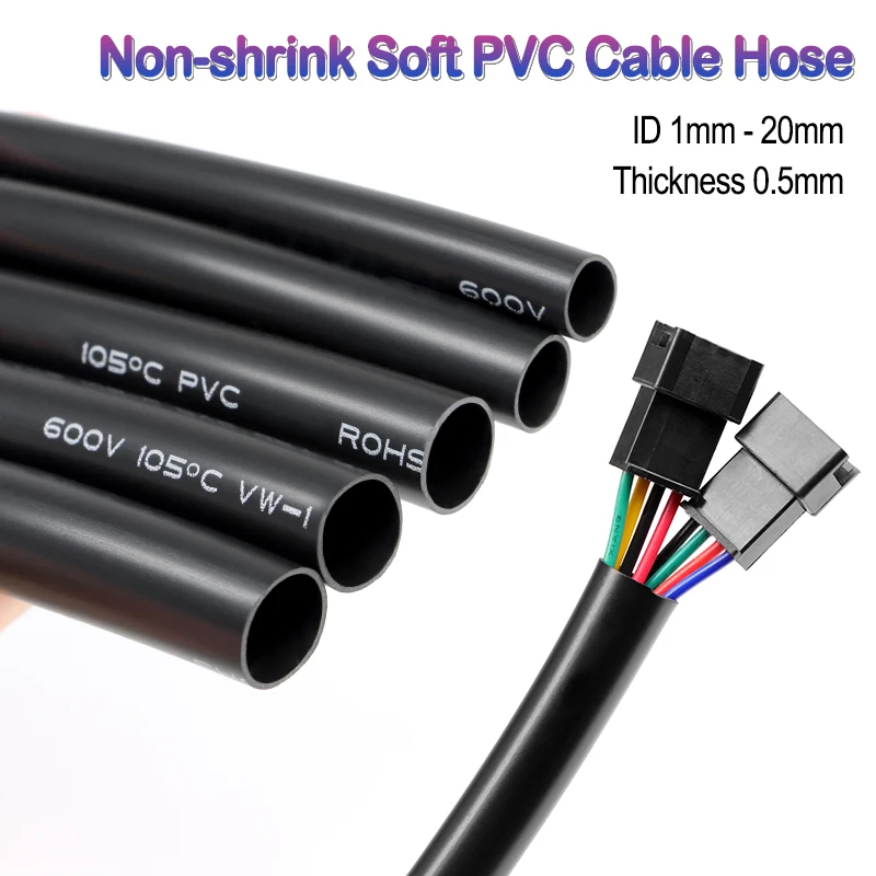 1-10m Non-shrink PVC Cable Hose 1mm-20mm Black Soft Temperature Resistant 600V PVC Insulated Protective Wire Harness Sleeve Tube