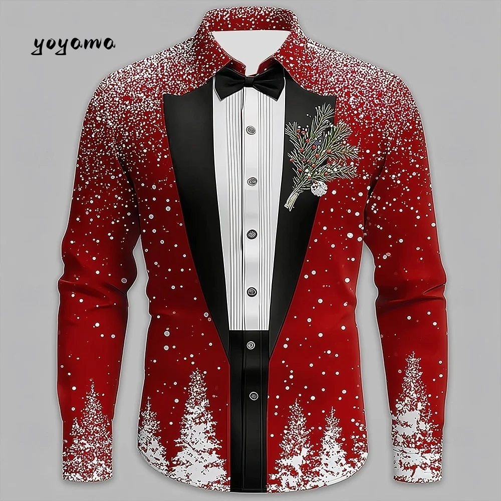 2025 Men's Christmas Snowflake Formal Shirt 3D Printed Tie Design Elegant Tuxedo Style Holiday Party Wedding Attire Spring Wear