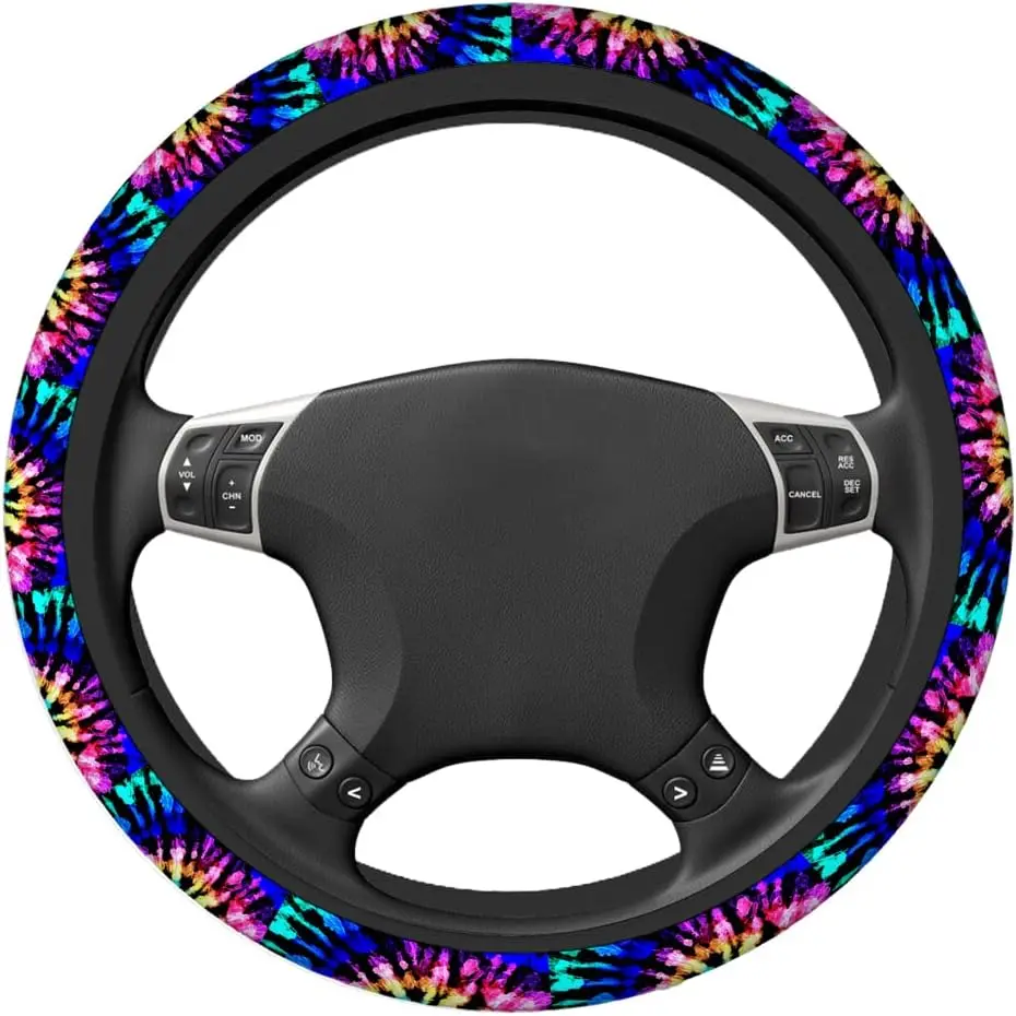 Tie Dye Auto Car Steering Wheel Cover for Women Girls Rainbow Shibori Print 15 Inch Steering Wheel Protector Case,Fits for