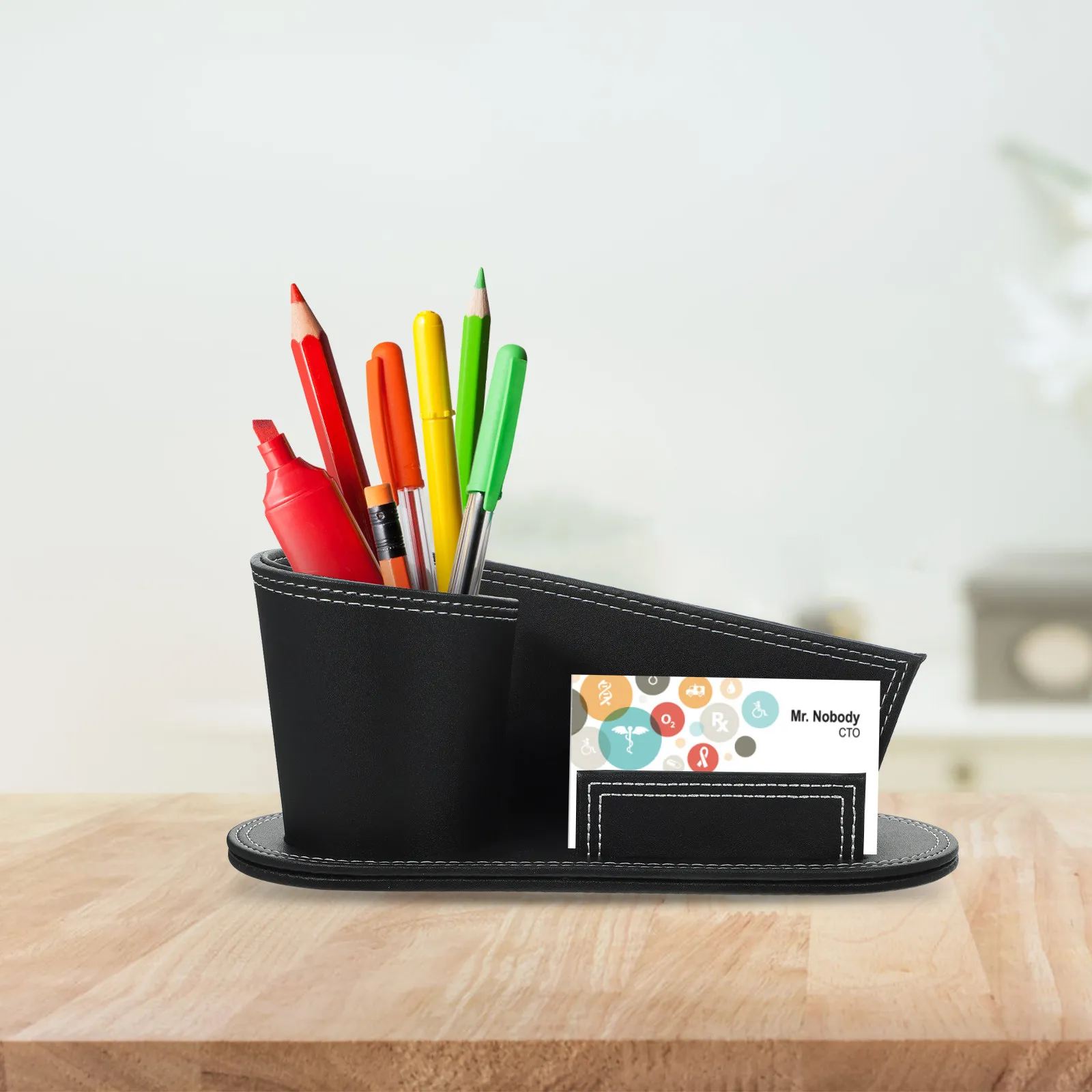 Premium PU Pen Holder Desktop Organizer Elegant Design for Writing Instruments Cellphone Envelope Cosmetics Office Black