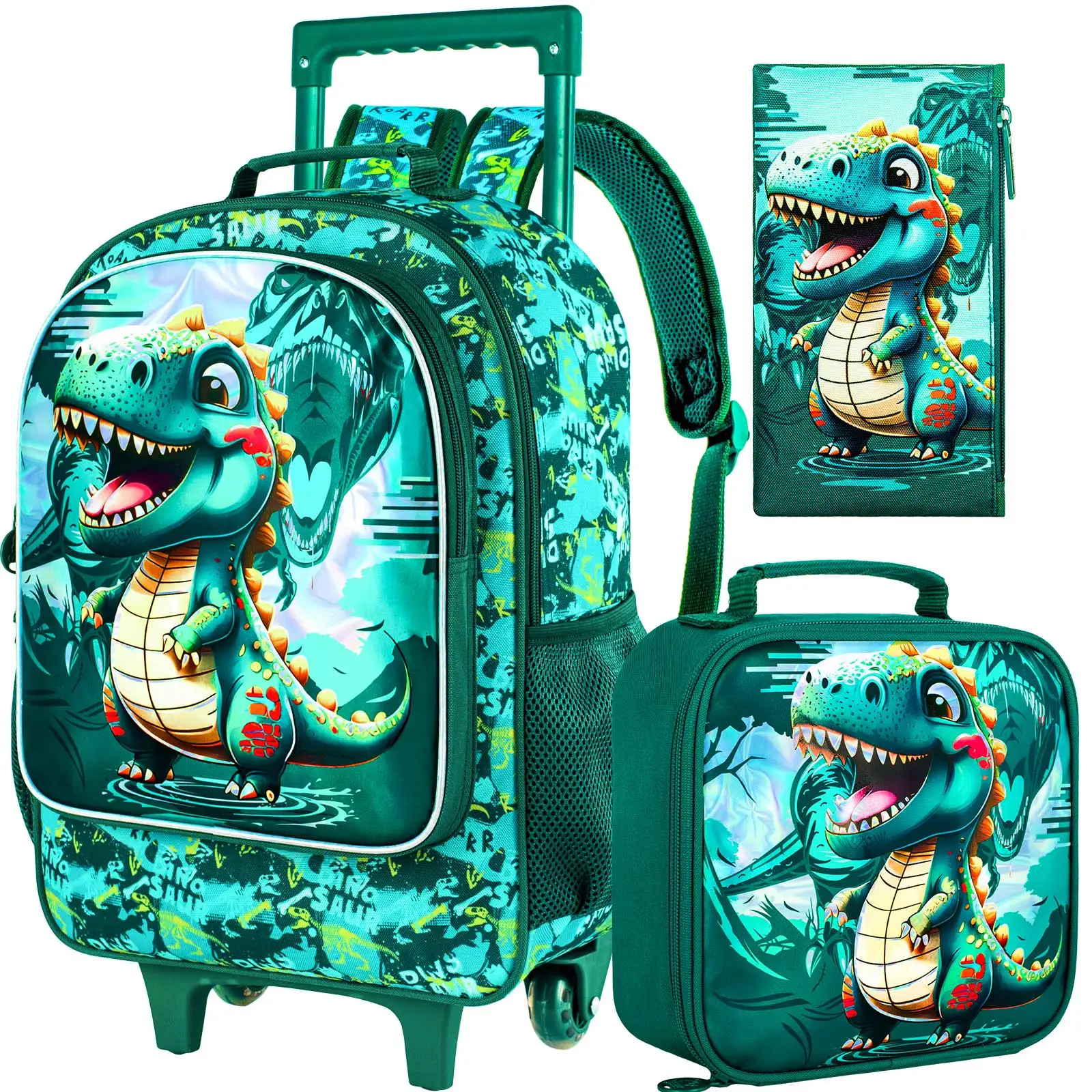 3PCS Dinosaur Rolling Backpack for Boys, Kids School Backpacks with Wheels, Water Resistant Uv Printed Roller Wheeled Bookbag