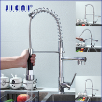 JIENI Kitchen Sink Faucet Deck Mounted Dual Spout Chrome Finished Rainfall Pull Out & 360°Swivel Stream Hot Cold Water Mixer Tap