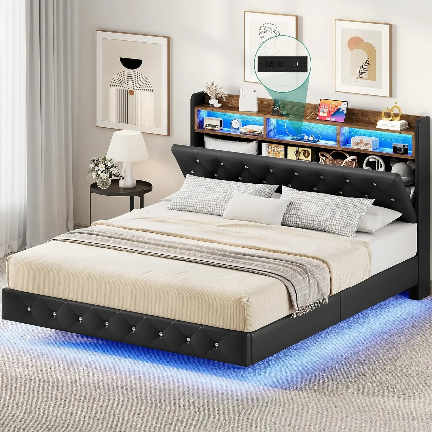 USA Queen Size Floating Bed Frame, Upholstered Platform Bed w/ RGB LED Lights, Storage Headboard and Charging Station