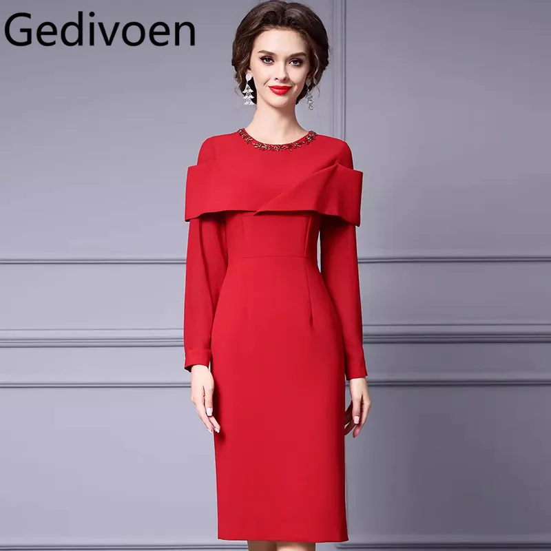 

Gedivoen Autumn Winter Fashion Runway Dress Women's Long-Sleeved Crystal High Waiste Slim-Fit Hip Wrap Straight Commuter Dress