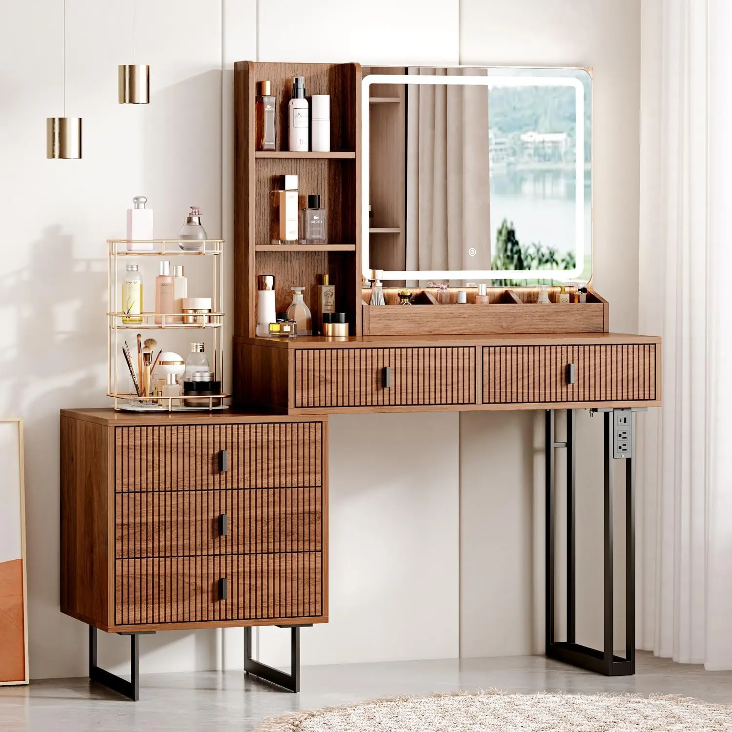 

Большой туалетный столик с зеркалом с сенсорным экраном, зарядная станция, 5 ящиков, полками для хранения, орех