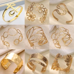 Stainless Steel Bracelet For Women Men Aesthetic Flower Leaf Bangle Opening Gold Color Geometric Bangles Bracelets Femme Jewelry