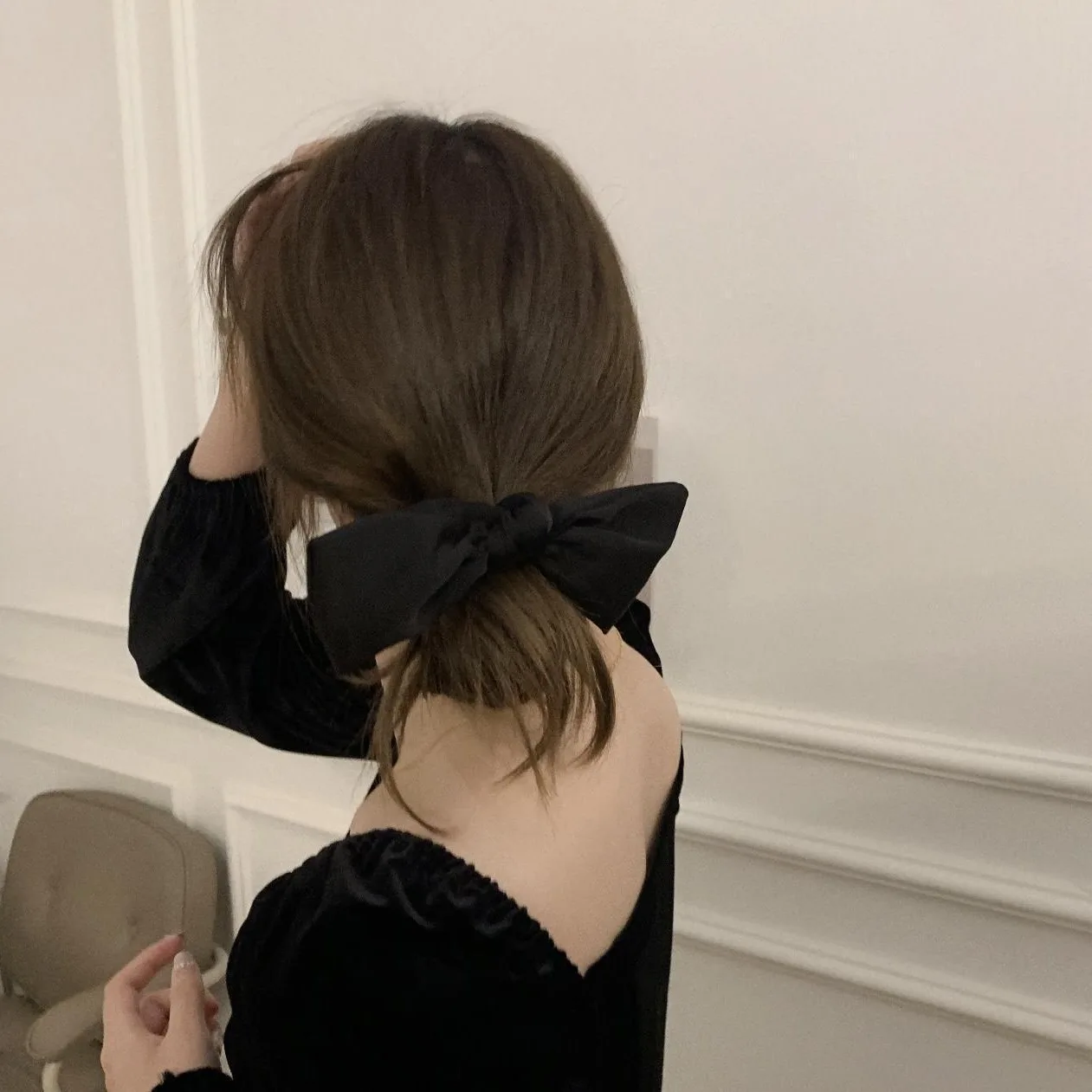 Black Bowknot Satin Hair Bands for Women Girl Ponytail Loop Hair Rope High Elastic Large Intestine Circle Lady Hair Accessories