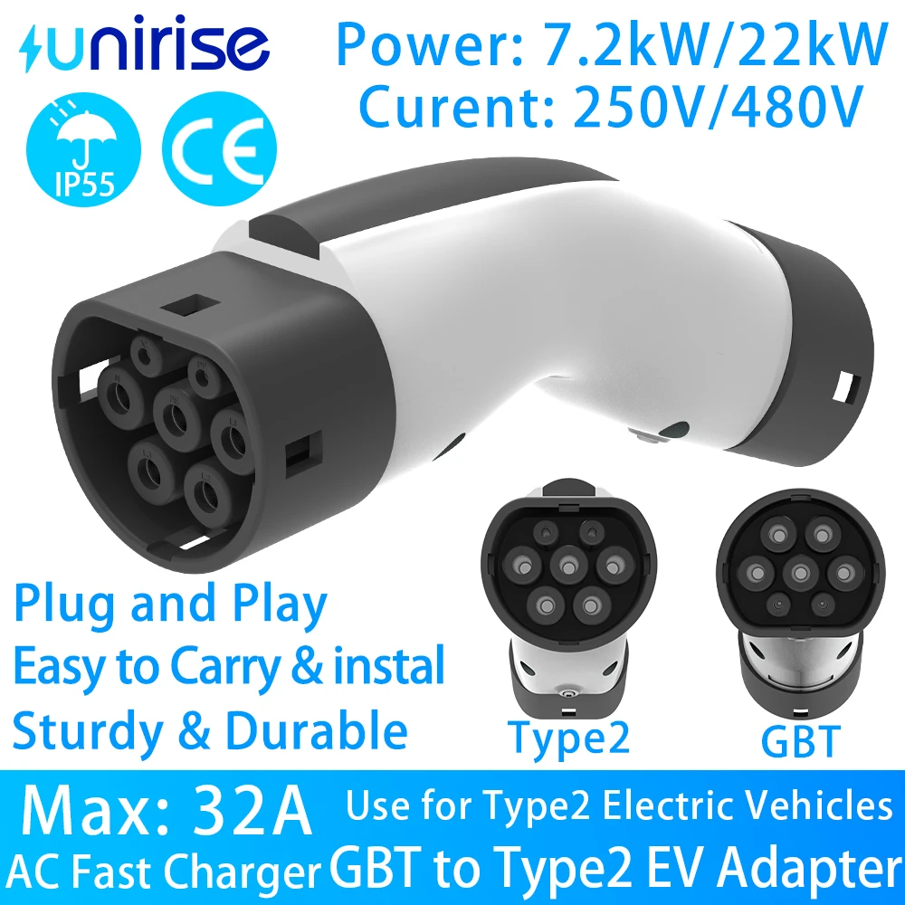 Unirise GBT to Type2 EV Adapter 32A 7.2kW/22kW 1/3Phase for GB/T Charger to EU Standard IEC 62169 Electric Car Charging Converte