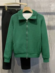 Men's Clothing Zip-up Jacket Knit Sweater Male Zipper Plain Green Solid Color Cardigan with Pockets Coat 2025 Trend Loose Fit V